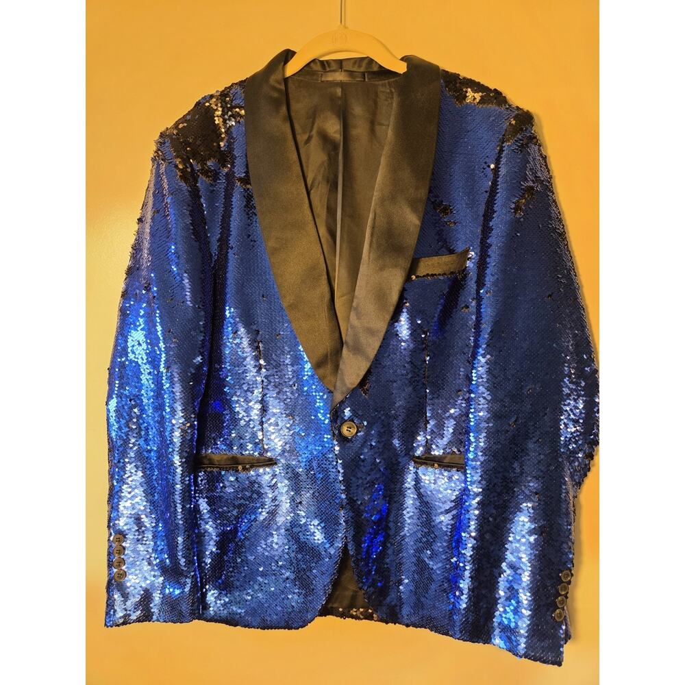 Elegant Blue Sequin Blazer with Black Lapel